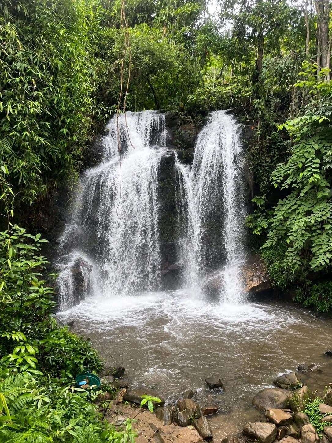 The sanctuary waterfall falling in two channels into a wide plunge pool, surrounded by jungle