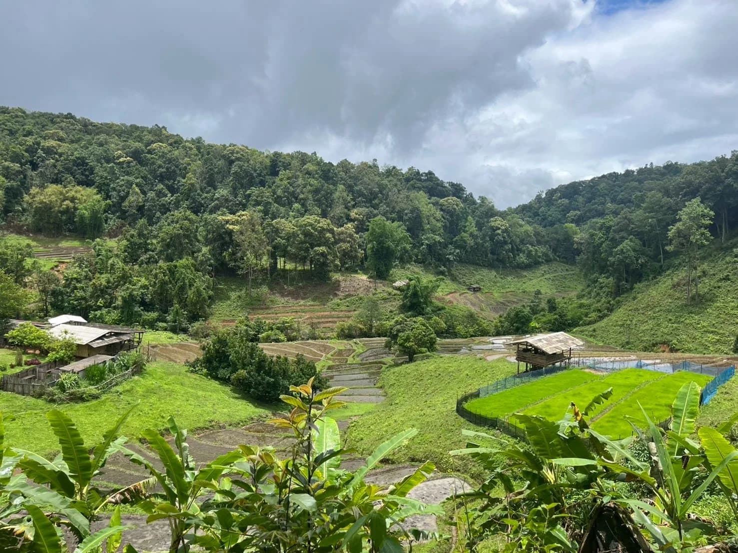 The valley from above — farm buildings, terraced fields and forested hills under a cloudy sky